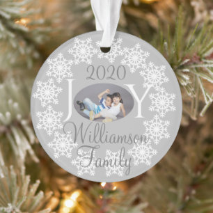 JOY Family Foto Silver Gray White Snowflakes H Ornament