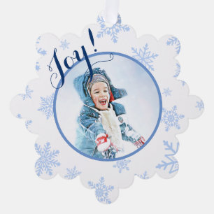 Joy! Fest Blaue Schneeflocken Foto Ornament Karte