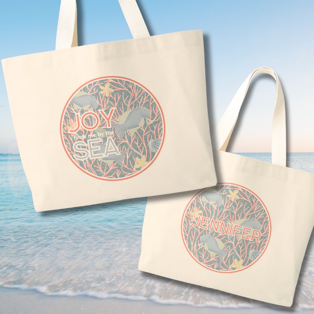 Joy Finds Me By The Sea – Boho Beach  Jumbo Stoffbeutel (Modern Coastal Charm Personalized Beach Tote Bag - Joy Finds Me By The Sea)