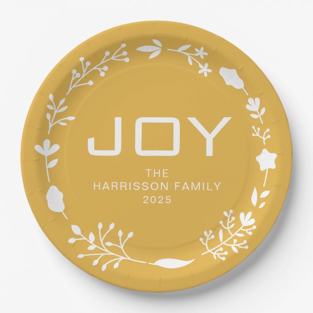 Joy Floral Christmas Wreath Family Custom Name Pappteller (Vorderseite)
