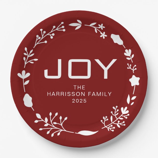 Joy Floral Christmas Wreath Family Custom Name Pappteller (Vorderseite)