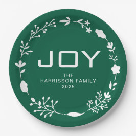 Joy Floral Christmas Wreath Family Custom Name Pappteller