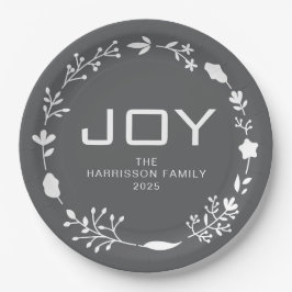 Joy Floral Christmas Wreath Family Custom Name Pappteller