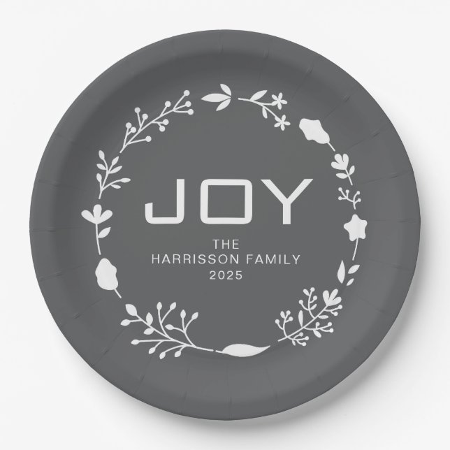 Joy Floral Christmas Wreath Family Custom Name Pappteller (Vorderseite)