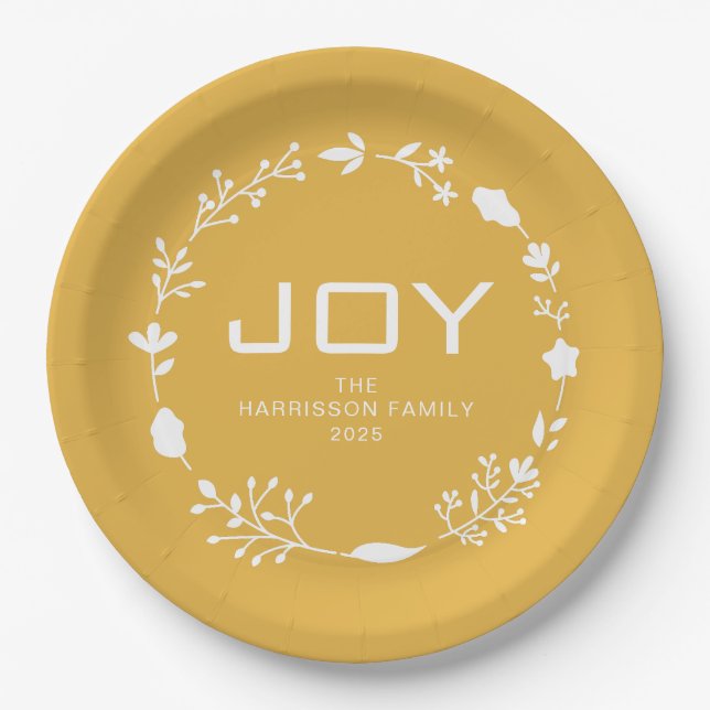 Joy Floral Christmas Wreath Family Custom Name Pappteller (Vorderseite)
