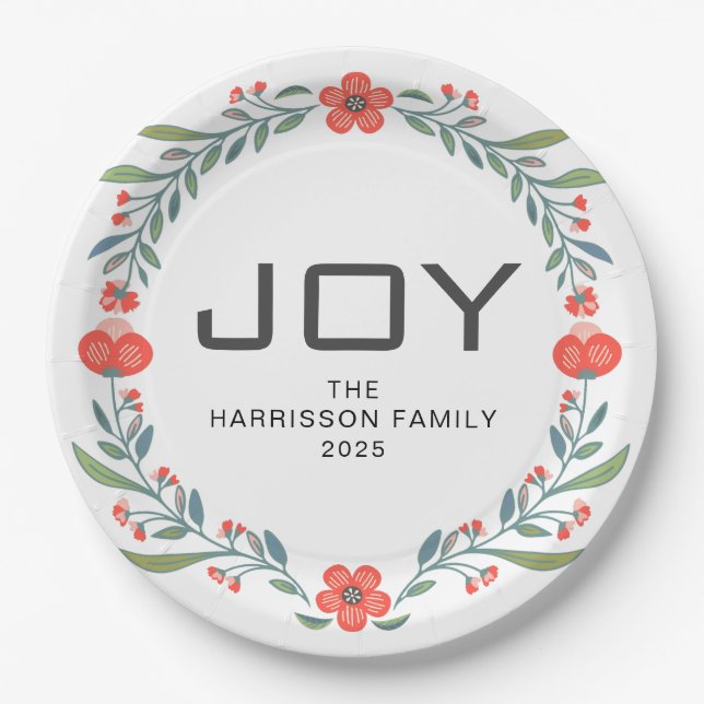 Joy Floral Christmas Wreath Family Custom Name Pappteller (Vorderseite)