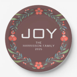 Joy Floral Christmas Wreath Family Custom Name Pappteller