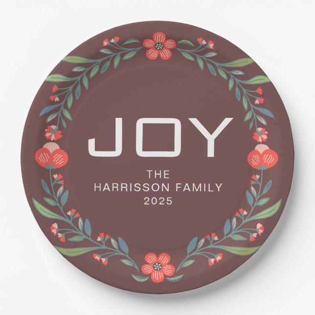 Joy Floral Christmas Wreath Family Custom Name Pappteller (Vorderseite)