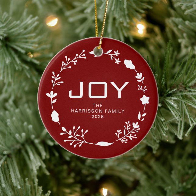 Joy Floral Christmas Wreath Family Name Photo Keramik Ornament (Baum)