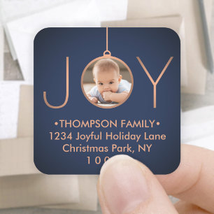 JOY Foto Navy Blue Christmas Return Address Label Quadratischer Aufkleber
