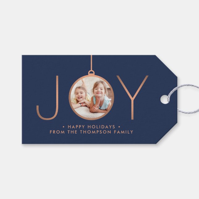 JOY Foto Navy Blue Copper Elegante Moderner Urlaub Geschenkanhänger (Vorderseite (Horizontal))