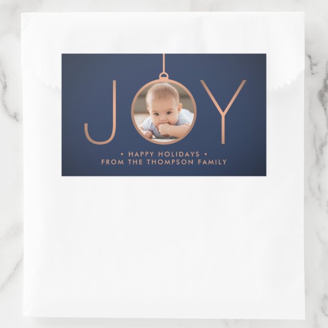 JOY Foto Navy Blue Copper Elegante Moderner Urlaub Rechteckiger Aufkleber (Tasche)