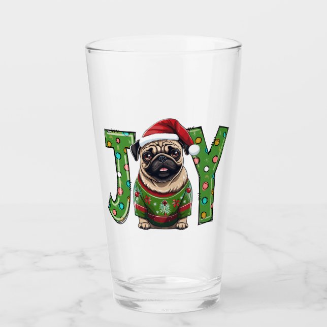 JOY Frohe Weihnachten Mops Santa Glas (Vorderseite)