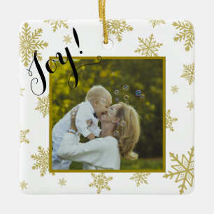 Joy! Fun Gold & White Snowflakes Weihnachten Foto Keramikornament