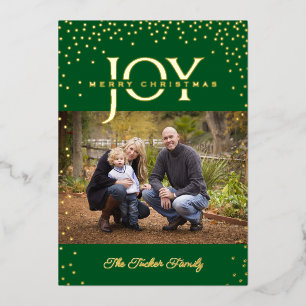 JOY Gold Confetti auf Green Mercury Christmas Foto Folien Feiertagskarte