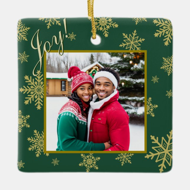 Joy! Goldschneeflocken Hunter Green Holiday Foto Keramikornament (Vorderseite)