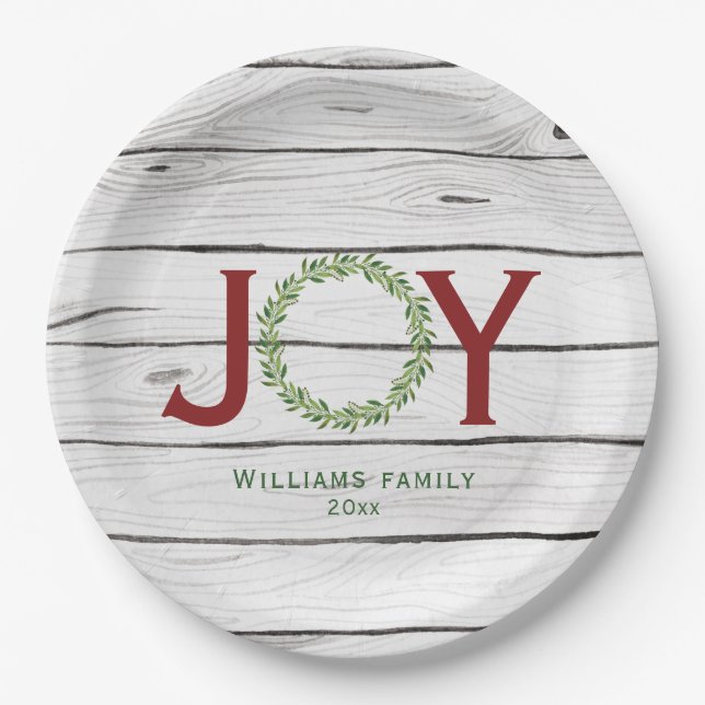 Joy Greenery Wreath Familie Weihnachten Pappteller (Vorderseite)