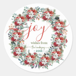 Joy Handwritten Script Christmas Wreath Name Red Runder Aufkleber