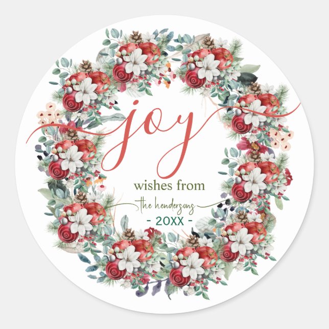 Joy Handwritten Script Christmas Wreath Name Red Runder Aufkleber (Vorderseite)