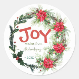 Joy Handwritten Script Name Christmas Wreath Red Runder Aufkleber