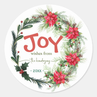 Joy Handwritten Script Name Christmas Wreath  Red  Runder Aufkleber