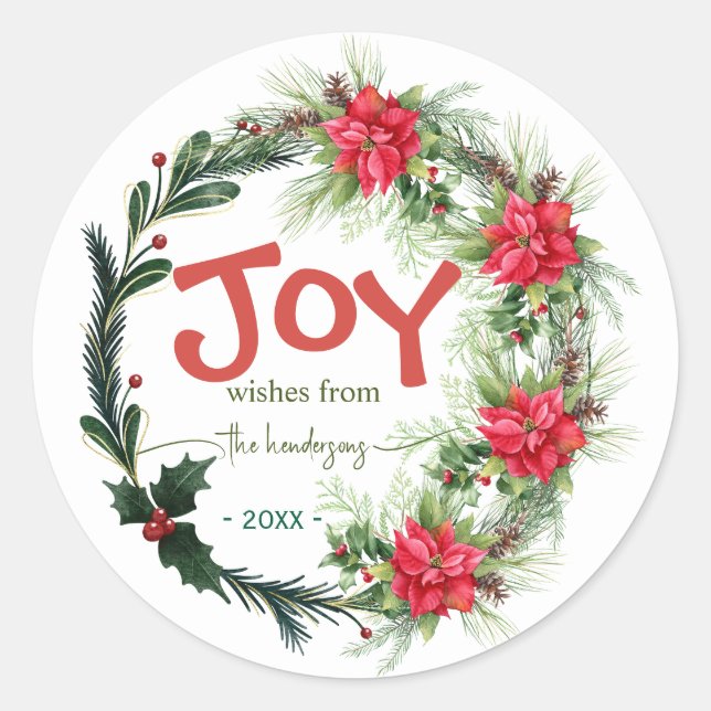 Joy Handwritten Script Name Christmas Wreath  Red  Runder Aufkleber (Vorderseite)