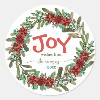 Joy Handwritten Script Name Red Christmas Wreath  Runder Aufkleber