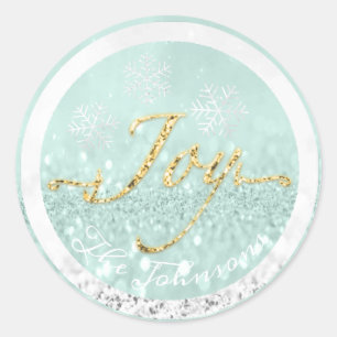 Joy Holidays Name Snowflakes Blue Gold Mint Grau Runder Aufkleber
