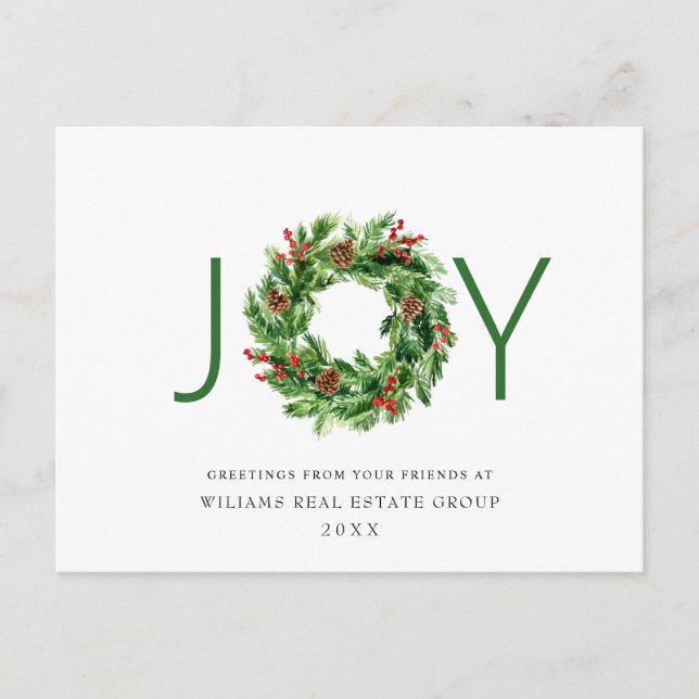 JOY Holly Berry Pine Christmas Wreath Corporate Postkarte (Vorderseite)
