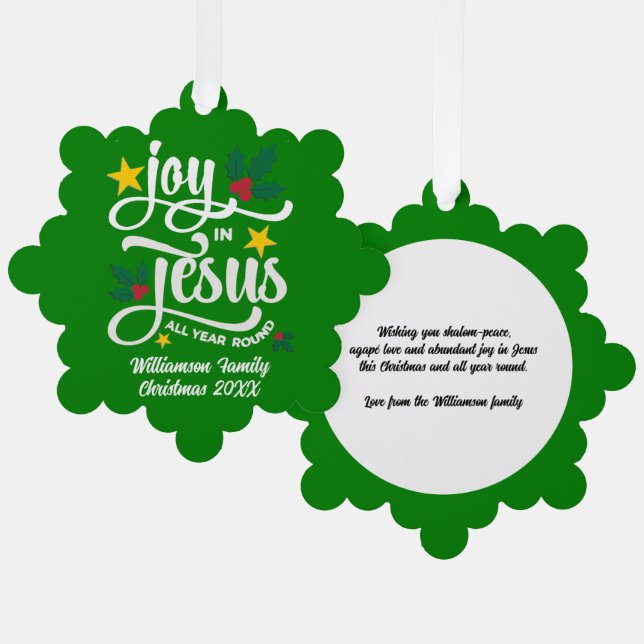 Joy in Jesus Christian Christmas Family Name  Ornament Karte (Vorderseite/Rückseite)