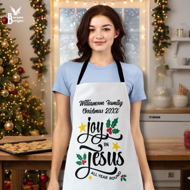 Joy in Jesus Christian Christmas Family Name  Schürze (White personalized JOY IN JESUS matching family apron with typography and customizable name)