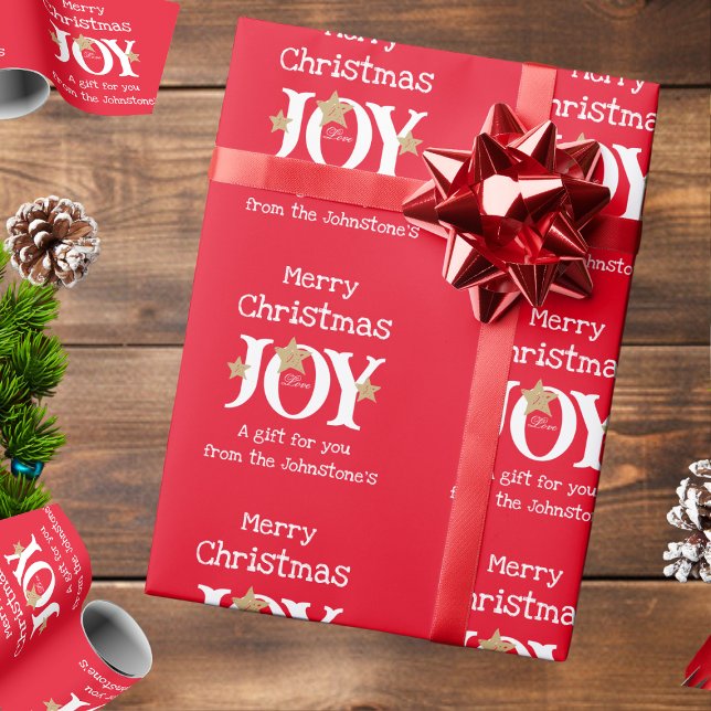 Joy! Joyful Chic Elegante Script Red Christmas Ges Geschenkpapier (Wrap things up with this bold and cheerful gift wrap.)