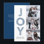 JOY Lettering Blue Christmas Foto Collage Feiertagskarte<br><div class="desc">JOY Foliage Lettering Navy Blue Christmas Foto Collage Flat Card | Senden Sie Weihnachten Grüße mit dieser modernen und skurrilen Urlaubskarte. Es zeichnet sich durch JOY Foliage dekorative Typografie und festliche Muster aus. Personalisieren Sie diese durch Hinzufügen von Namen,  Nachrichten und Fotos.</div>