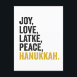 Joy Liebe Latkes Peace Hanukkah Funny Jewish Postkarte<br><div class="desc">lustig, jüdisch, latsch, geschenk, Geburtstag, chanukah, jew, urlaub, menorah</div>