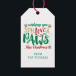Joy Liebe PAWS Dog Christmas Geschenkanhänger<br><div class="desc">Dieses Weihnachtsgeschenk-Tag zeigt den Ausdruck "Joy Liebe & PAWS" in skurriler Rot-, Grün- und Goldtypografie mit niedlichen kleinen Pfotendrucken und einem Knochen! Ideal für Hundefreunde! Kontaktieren Sie uns, wenn Sie dieses Design für Ihre spezifische Anzahl von Fotos modifiziert haben möchten oder wenn Sie dieses Design für ein bestimmtes Produkt benötigen,...</div>