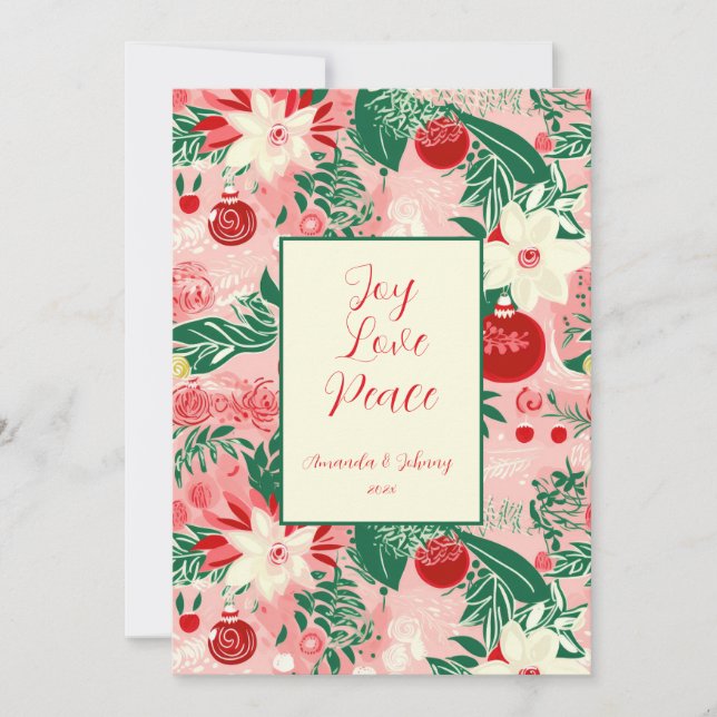 Joy Liebe Peace Pink Red Floral Weihnachtskarte Karte (Vorderseite)