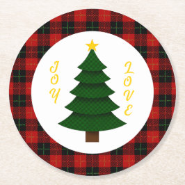 Joy-Love-Custom Plaid Christmas Tree Runder Pappuntersetzer