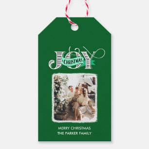 JOY Modern Green Simple Family Foto Weihnachten Geschenkanhänger