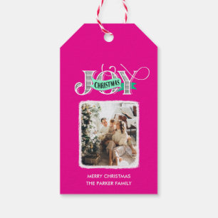 JOY Modern Pink Simple Family Foto Weihnachten Geschenkanhänger