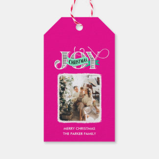 JOY Modern Pink Simple Family Foto Weihnachten Geschenkanhänger