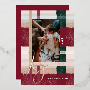 Joy Modernes Kariertes Green & Red Watercolor Fo Folien Feiertagskarte