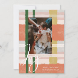 Joy | Modernes Peach & Green Wcolor Kariertes Foto Feiertagskarte
