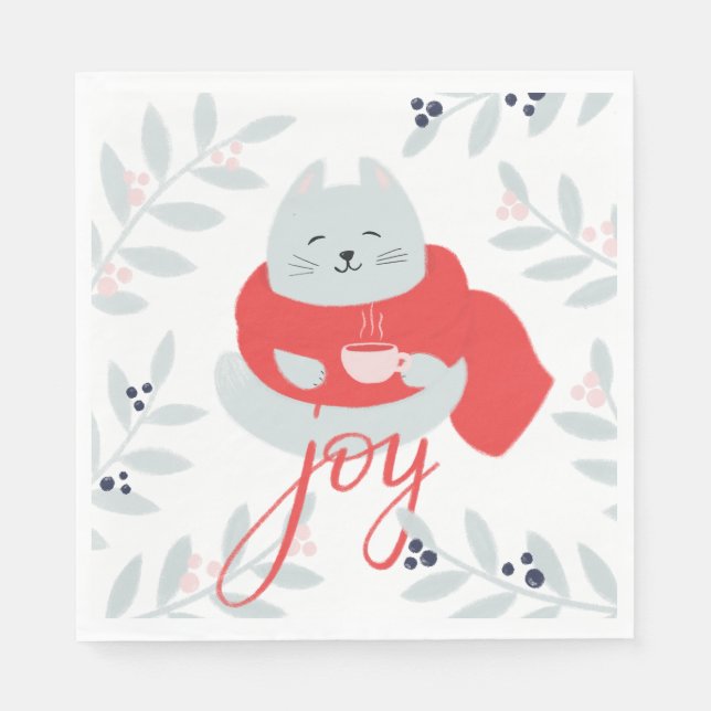 Joy. Niedliche Weihnachtskatze / Winterferien Serviette (Vorderseite)