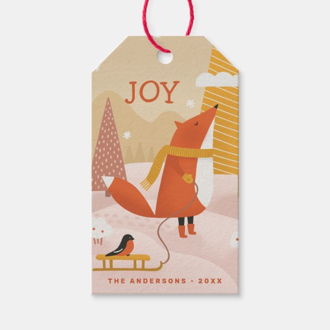 Joy. Niedliches Weihnachtswaldfutter Geschenkanhänger (Vorderseite)