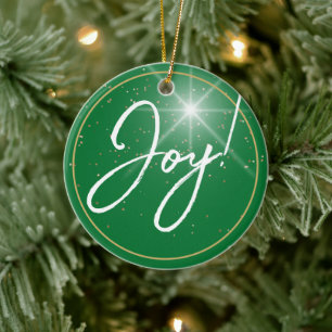 Joy! oder Ihre Nachricht, White Text Deep Green, S Keramik Ornament