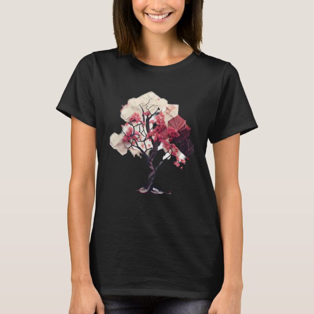 Joy of Spring Geometric Cubes Cherry Blossom Trees T-Shirt (Vorderseite)