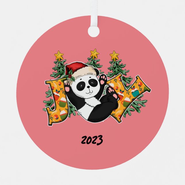Joy Panda Bear Christmas Ornament Aus Metall (Vorderseite)