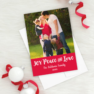 Joy Peace and Liebe Red Brushed Script Foto Feiertagskarte