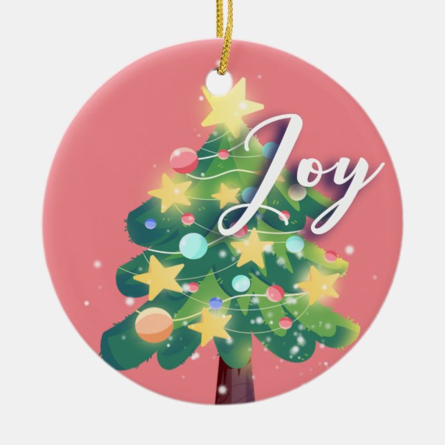 Joy & Peace Carton Weihnachtsbaum Pink Keramik Ornament (Vorne)
