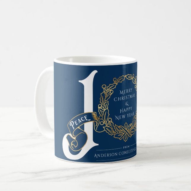 Joy Peace Liebe Blue Gold Corporate Weihnachtsgesc Kaffeetasse (Vorderseite Links)